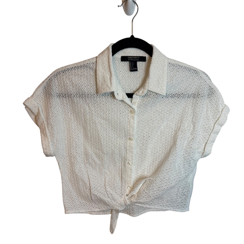 Forever 21 White Eyelet Cottagecore Milkmaid Tie Waist Blouse